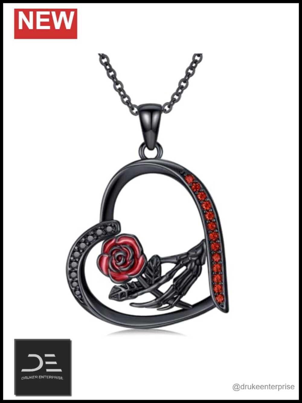Gothic Heart Pendant Necklace 925 Sterling Silver Skeleton Hand Jewelry